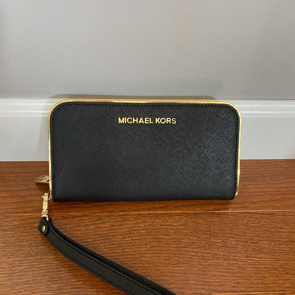 Michael Kors Saffiano Leather Gold Trim Wallet/Wristlet
